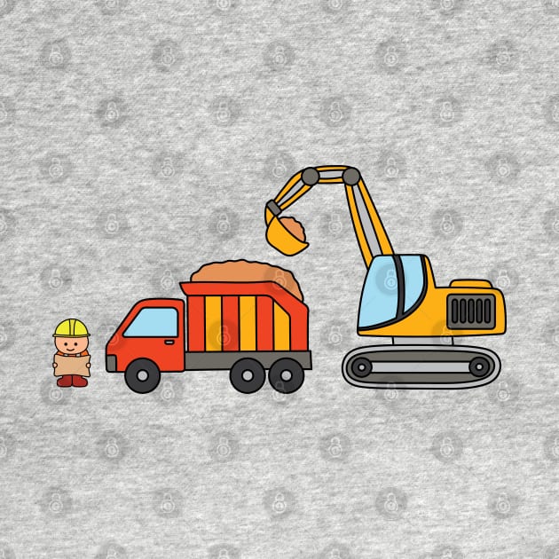 Kids drawing construction set dump truck with excavator and construction worker holding a map by wordspotrayal